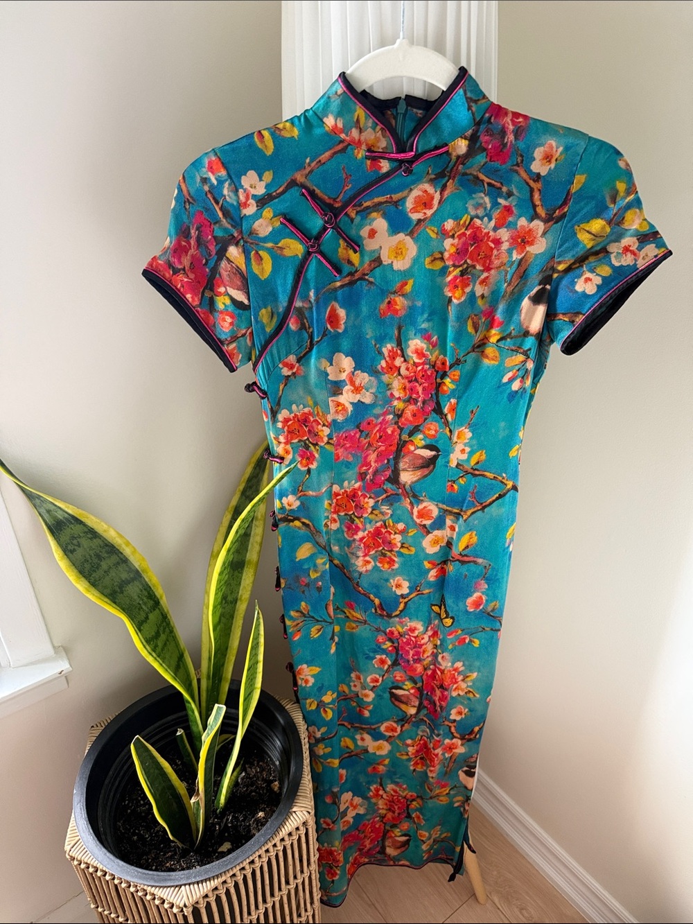 Turquoise Floral Cheongsam Dress with Mandarin Collar